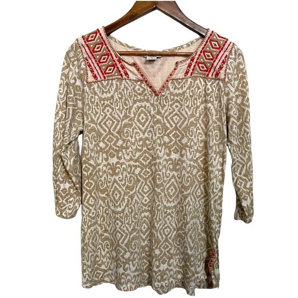 Lucky Brand Women's Tan Embroidered Split Neck Southwestern 3/4 Blouse Medium - Picture 1 of 8